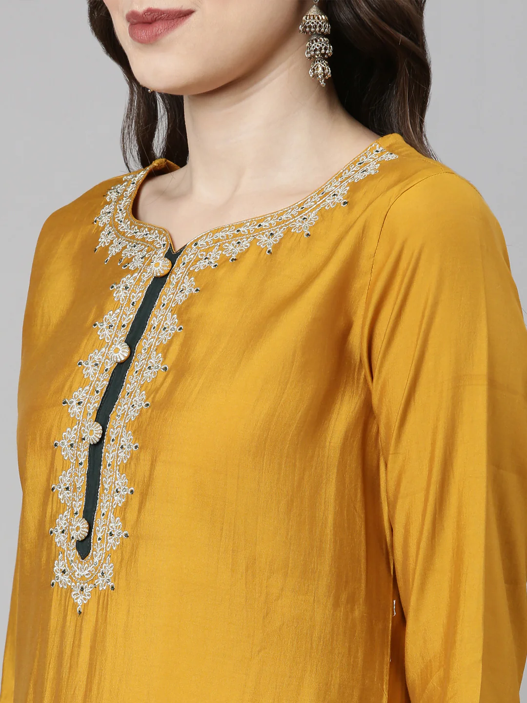 Neerus Mustard Casual Solid Straight Kurta and Trousers With Dupatta - Image 5