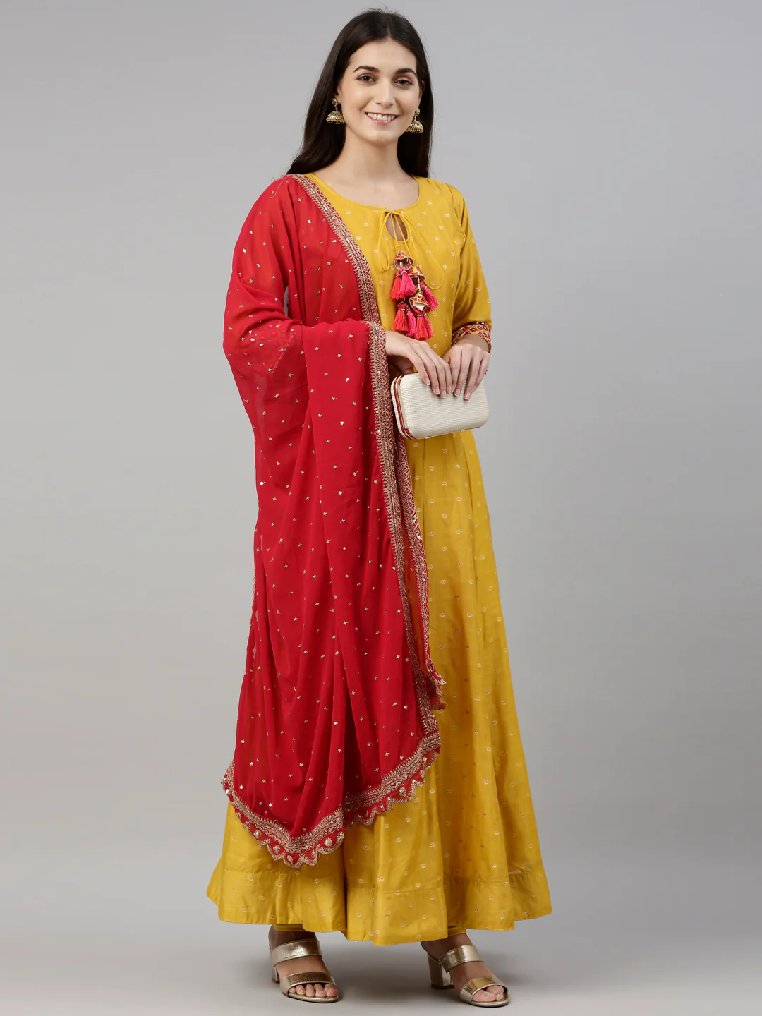 Neerus Mustard Color Chanderi Silk Fabric Suit-Anarkali