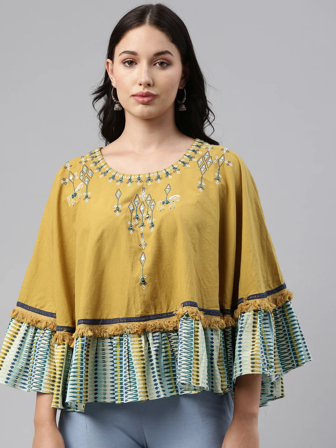 Neerus Mustard Color Cotton Fabric Tunic - Image 6