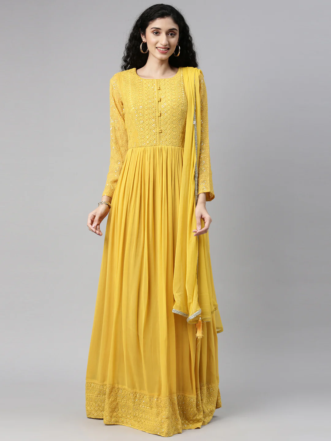Neerus Mustard Color Georgette Fabric Gown - Image 36