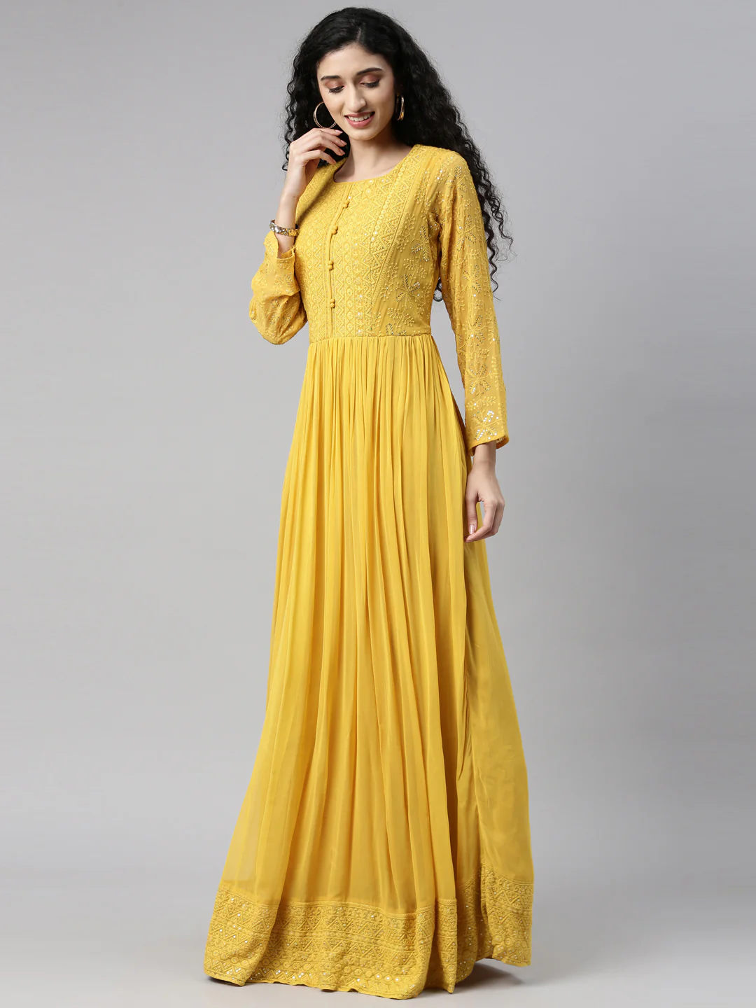 Neerus Mustard Color Georgette Fabric Gown - Image 4