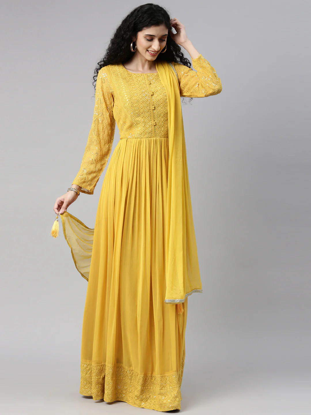 Neerus Mustard Color Georgette Fabric Gown - Image 5