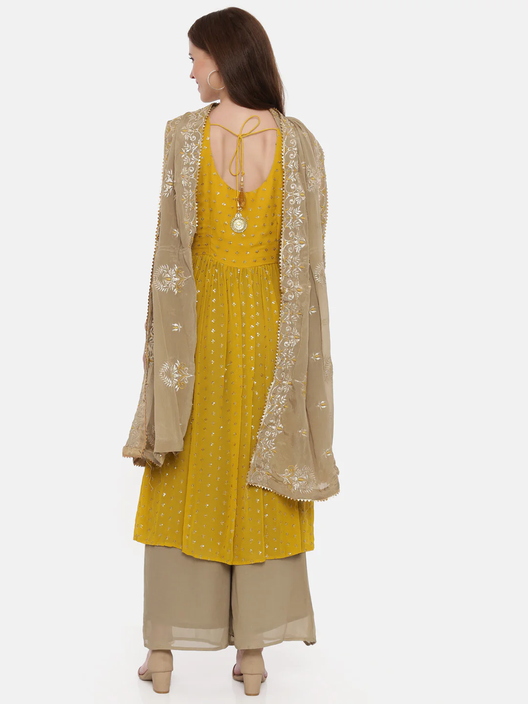 Neerus Mustard Color Georgette Fabric Sleeveless Suit-Plazzo - Image 3