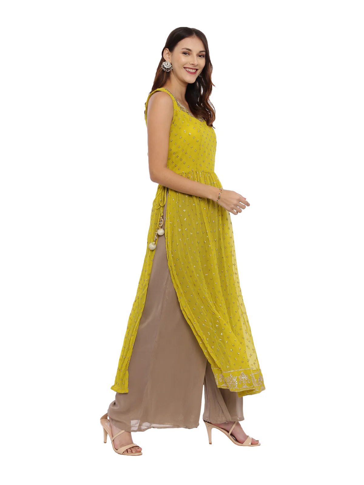Neerus Mustard Color Georgette Fabric Sleeveless Suit-Plazzo - Image 3