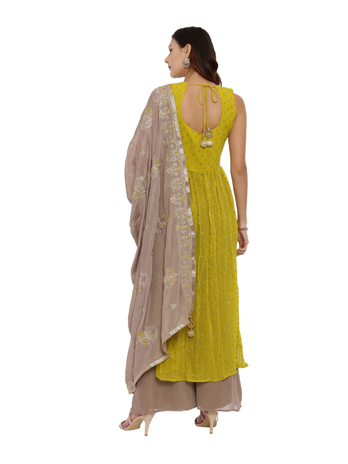 Neerus Mustard Color Georgette Fabric Sleeveless Suit-Plazzo - Image 4