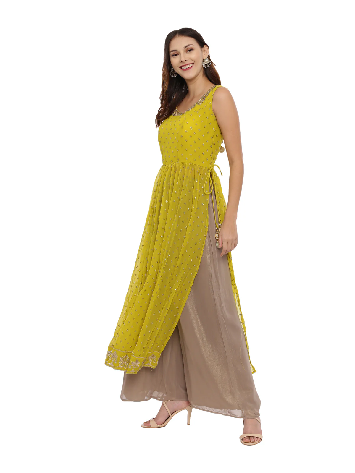 Neerus Mustard Color Georgette Fabric Sleeveless Suit-Plazzo - Image 5