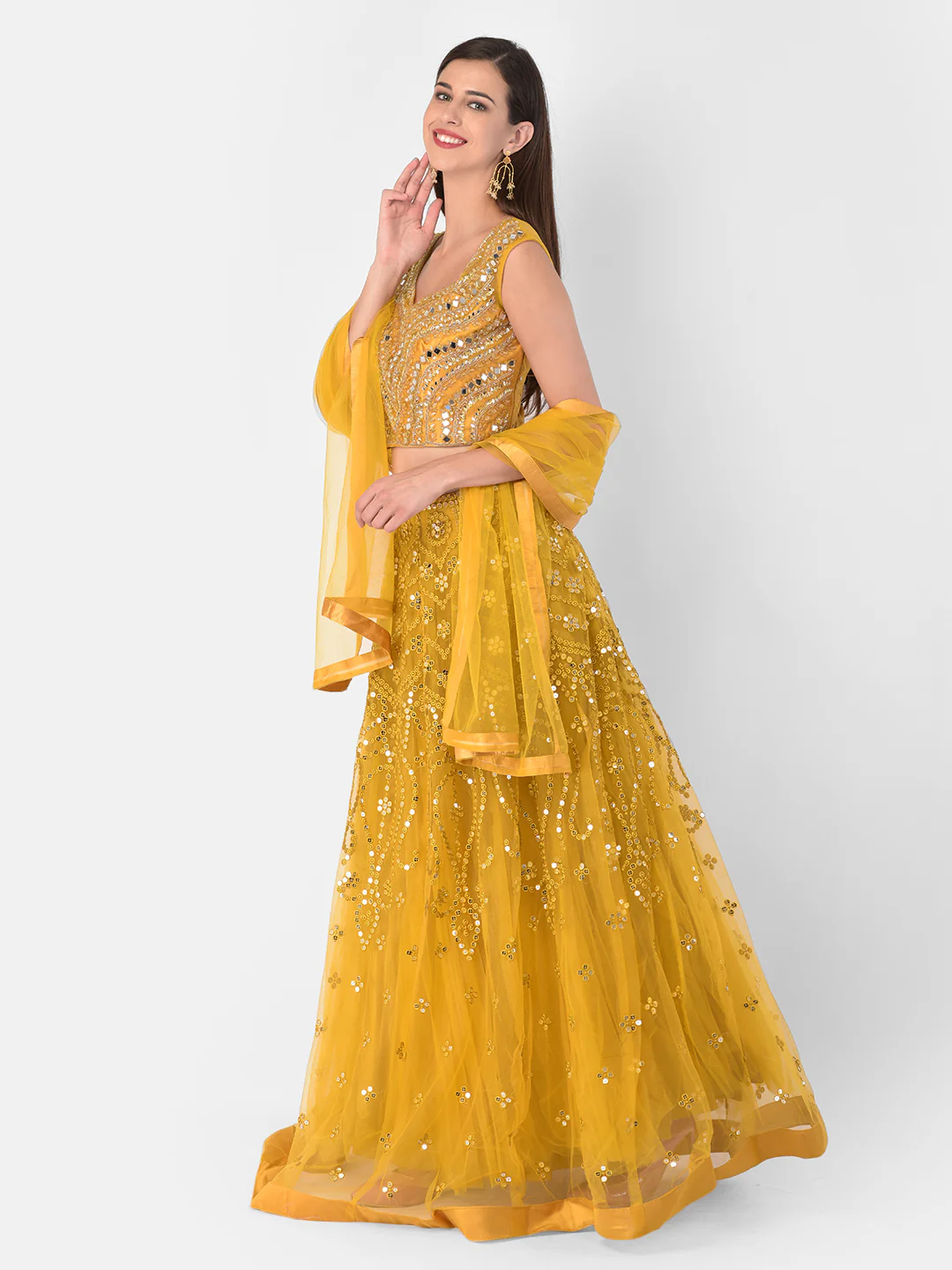 Neerus Mustard Color Nett Fabric Ghagra Set