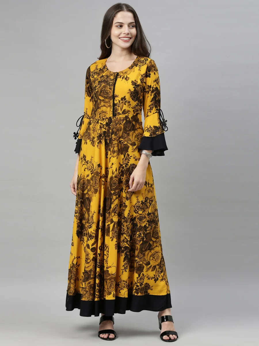 Neerus Mustard Color Rayon Fabric Gown