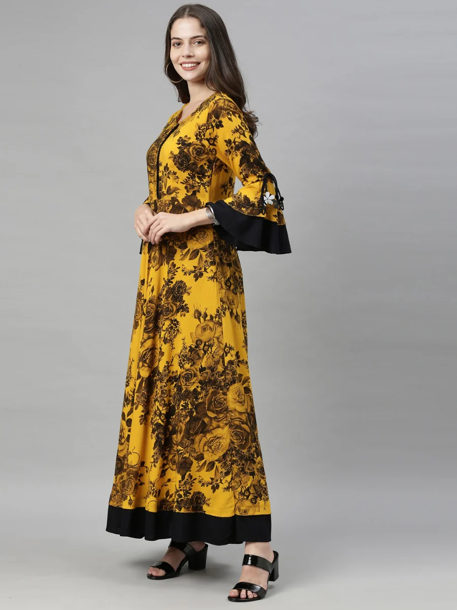 Neerus Mustard Color Rayon Fabric Gown - Image 5