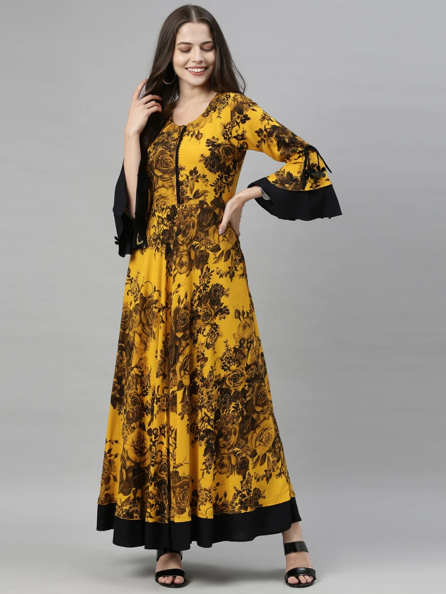 Neerus Mustard Color Rayon Fabric Gown - Image 8