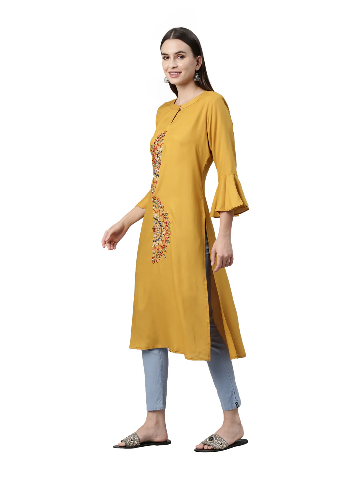 Neerus Mustard Color Rayon Fabric Kurta - Image 3