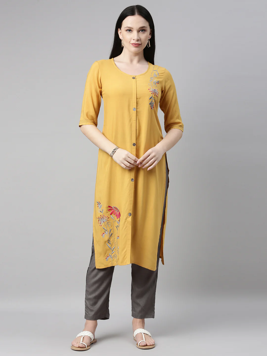 Neerus Mustard Color Rayon Fabric Kurta Set