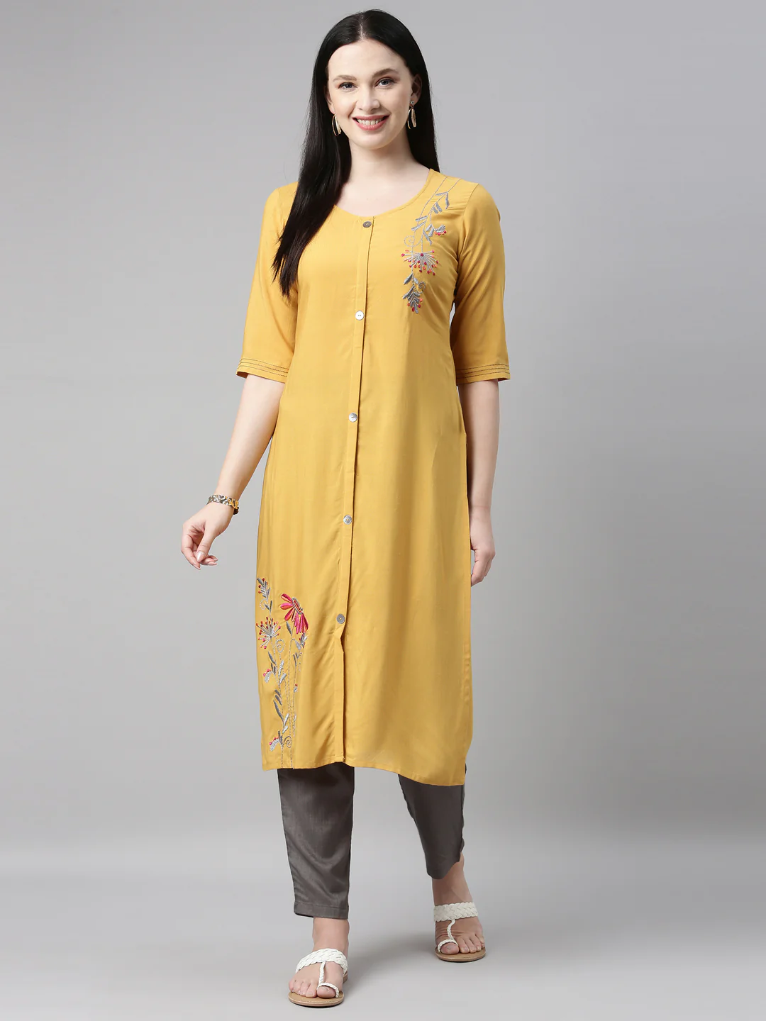 Neerus Mustard Color Rayon Fabric Kurta Set - Image 6