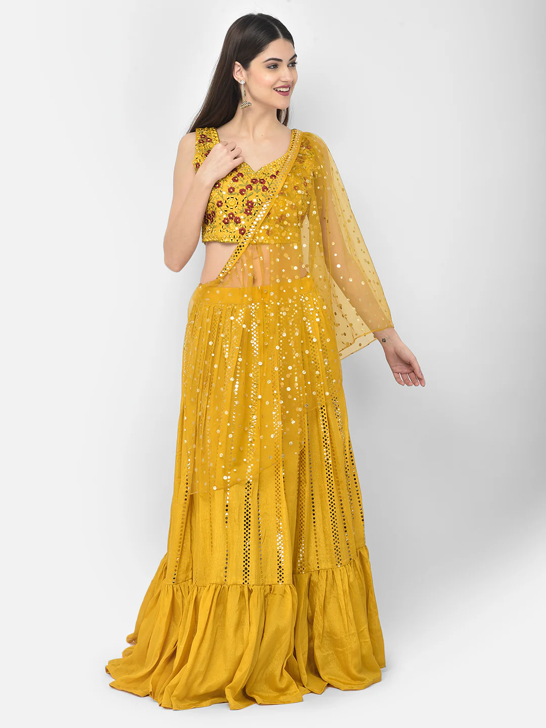 Neerus Mustard Color Silk Fabric Ghagra Set - Image 7