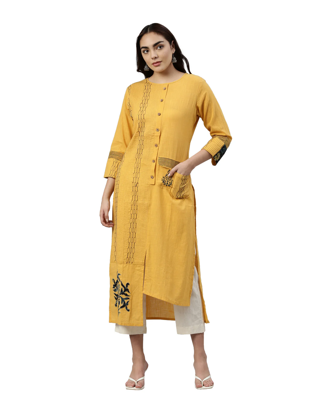 Neerus Mustard Color Slub Cotton Fabric Kurta