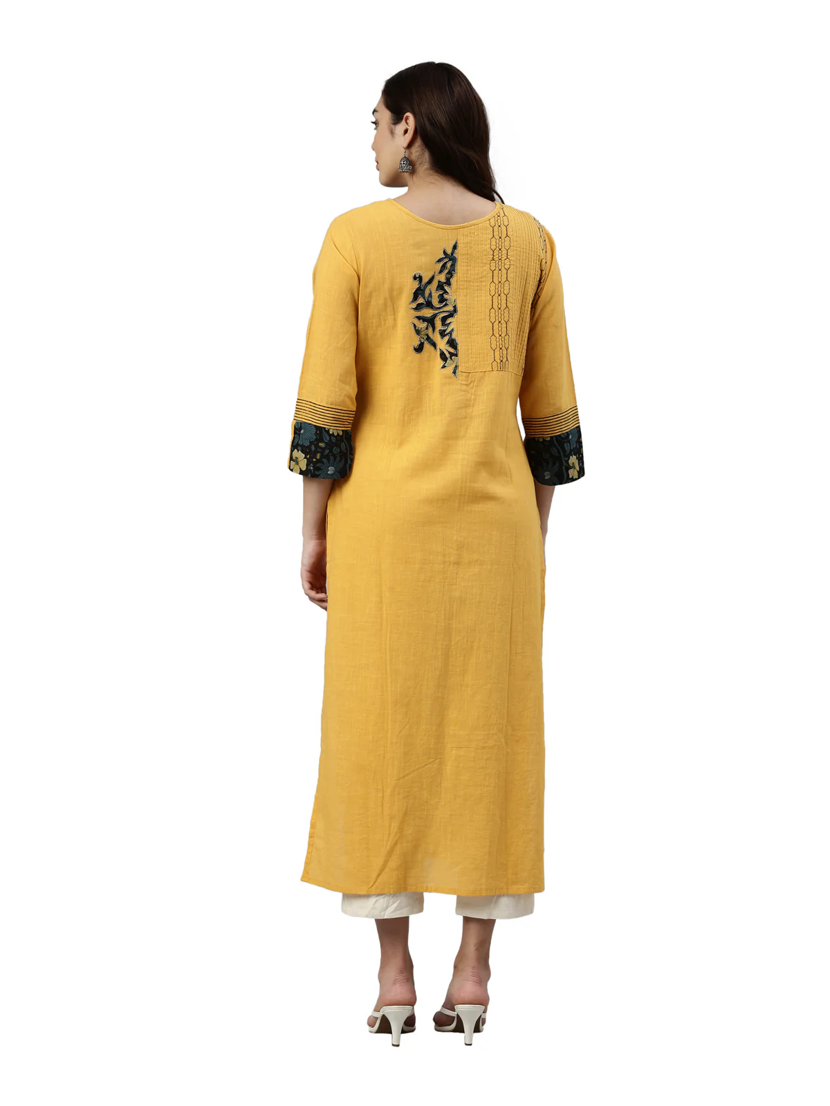 Neerus Mustard Color Slub Cotton Fabric Kurta - Image 5