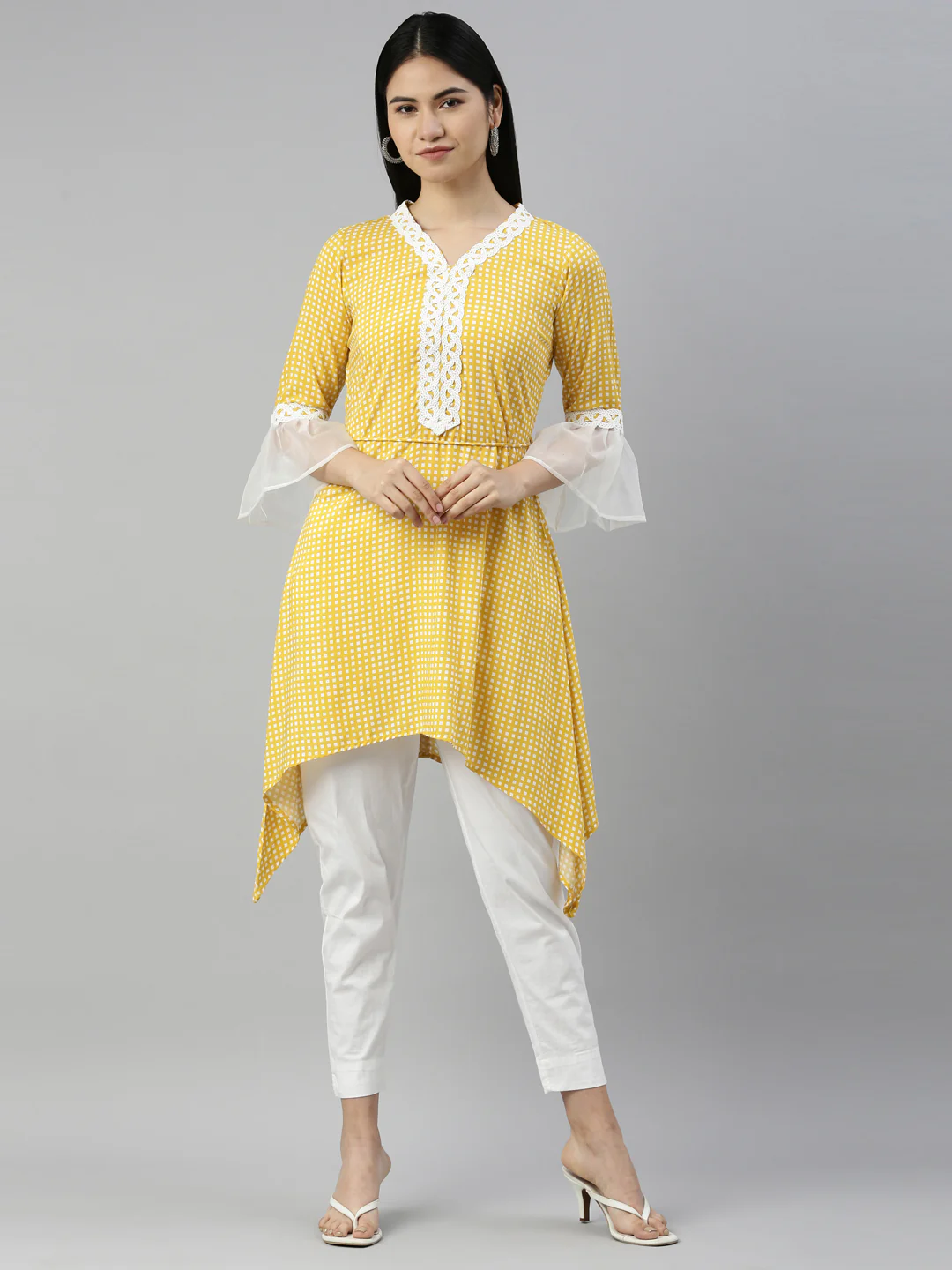 Neerus Mustard Color Slub Rayon Fabric Kurta
