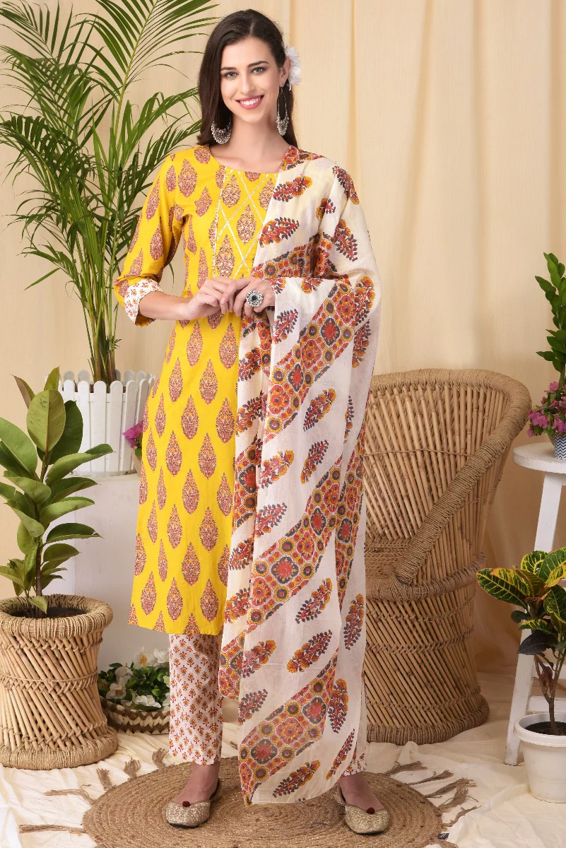 Neerus Mustard Colour Cotton Fabric Suit