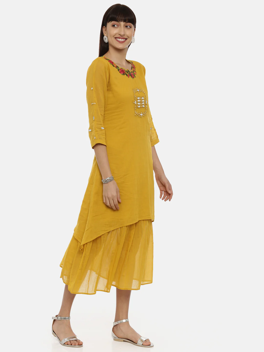 Neerus Mustard Embroidered A Line Double Layered Kurta - Image 6