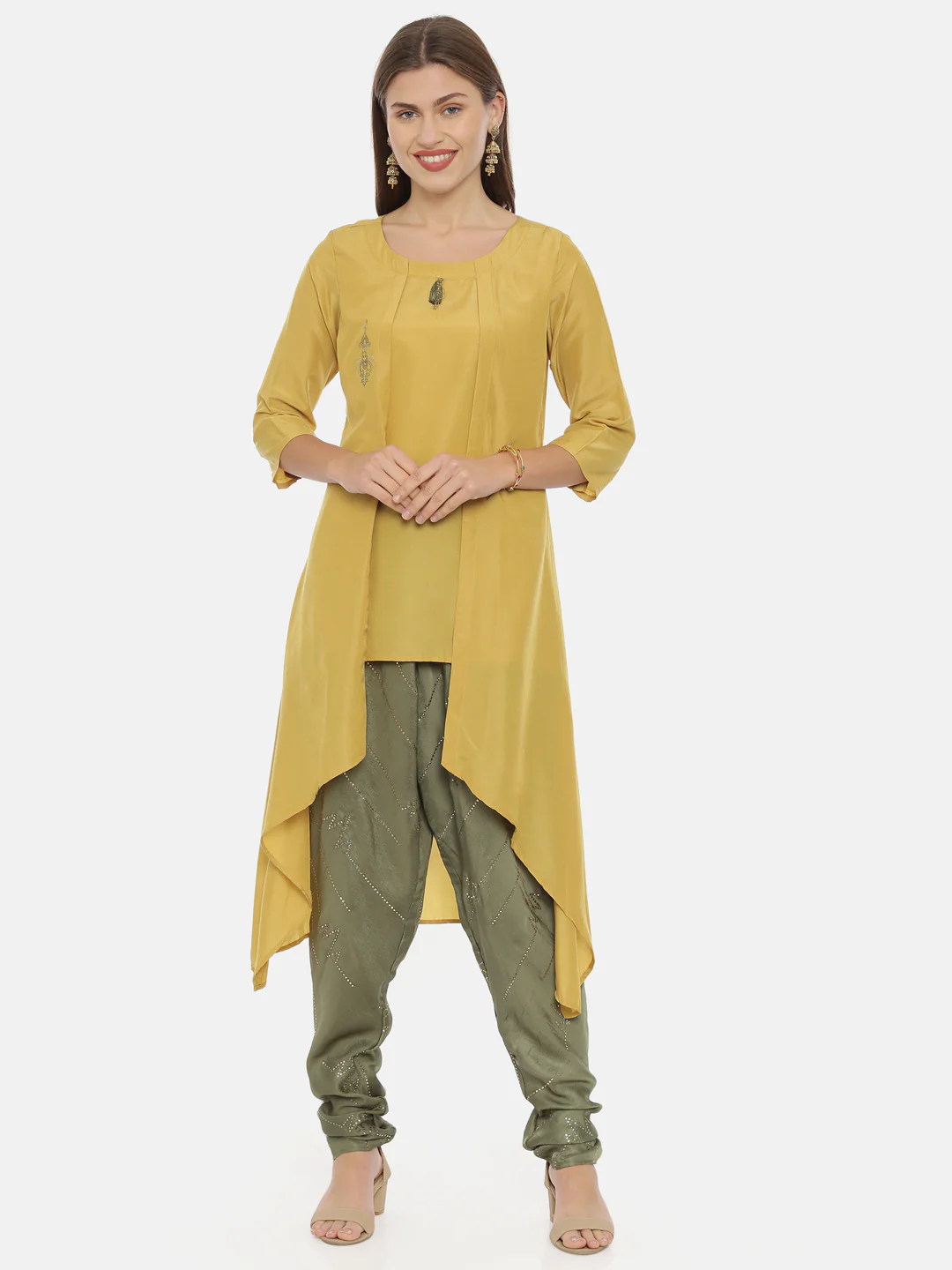Neerus Mustard Embroidered High Low Kurta