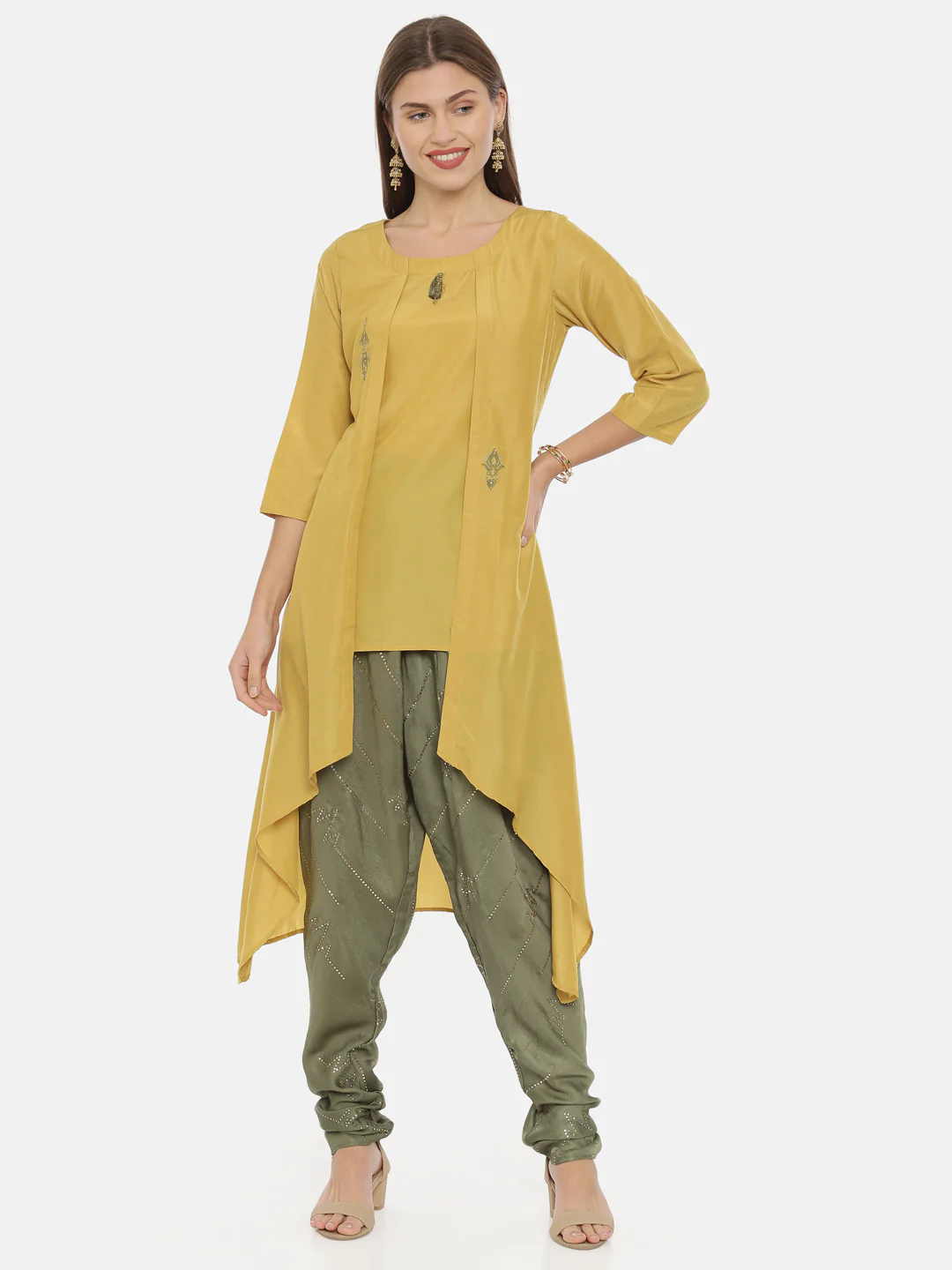 Neerus Mustard Embroidered High Low Kurta - Image 6