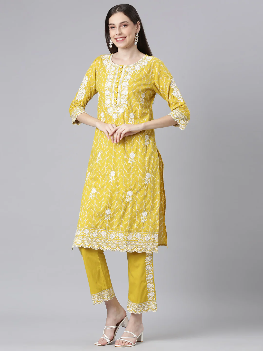 Neerus Mustard Embroidered Straight Kurta and Trousers With Dupatta - Image 2