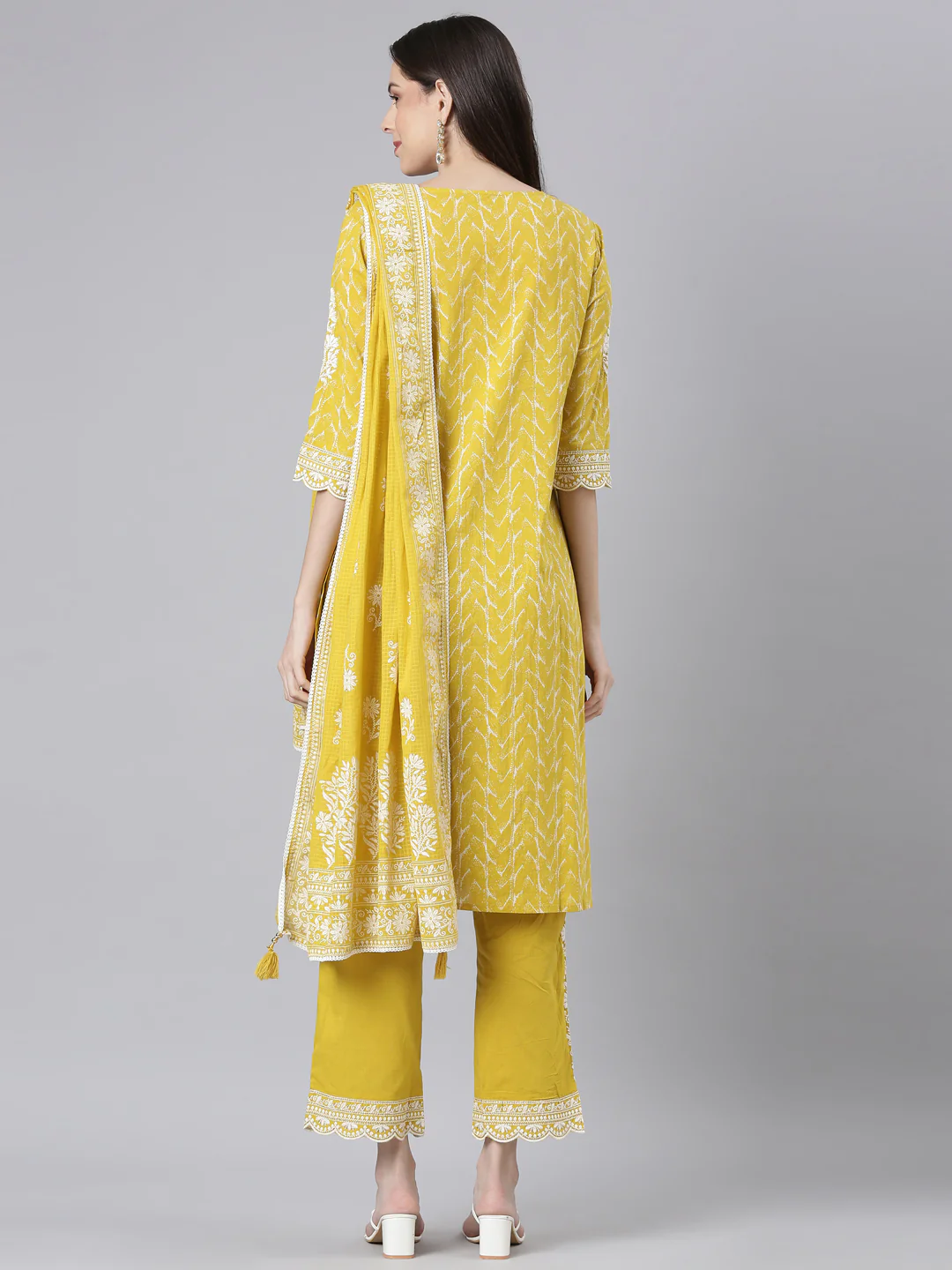 Neerus Mustard Embroidered Straight Kurta and Trousers With Dupatta - Image 3
