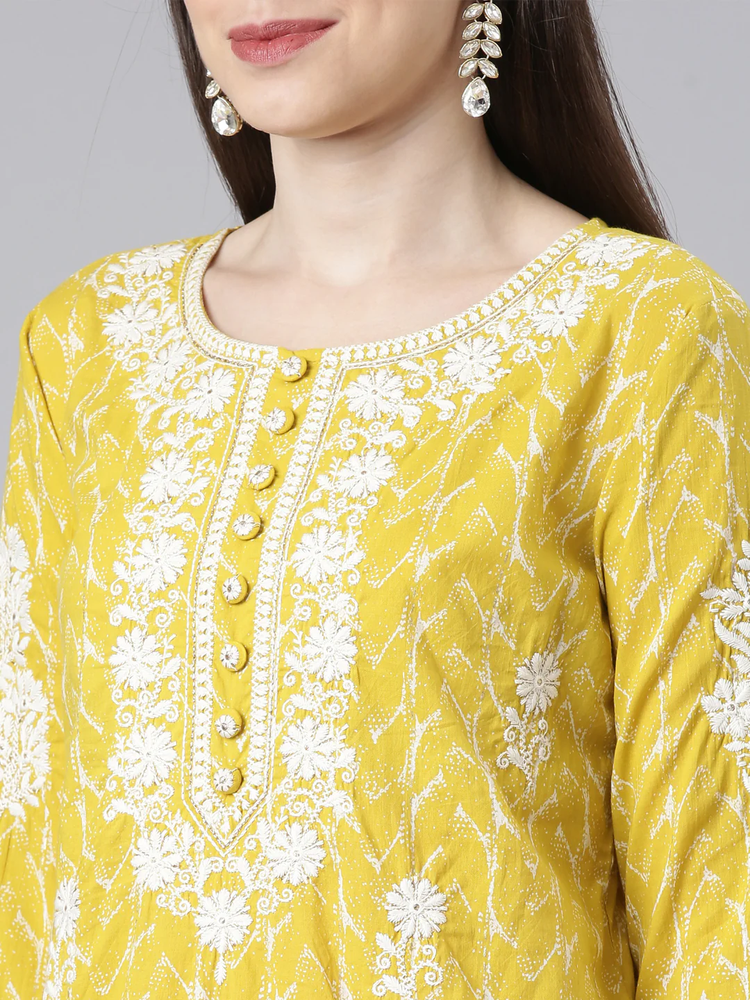 Neerus Mustard Embroidered Straight Kurta and Trousers With Dupatta - Image 4