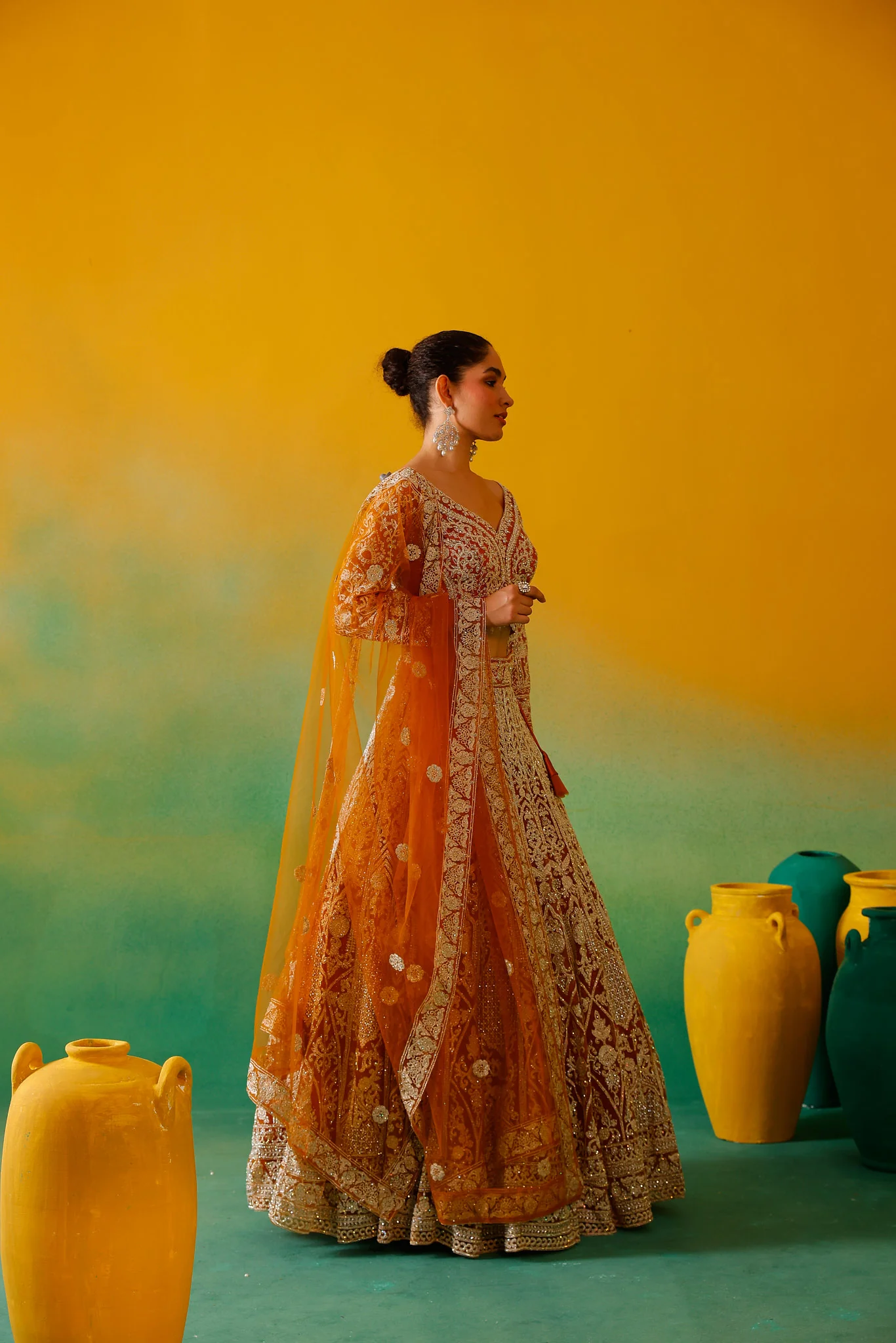 Neerus Mustard Embroidery work Nett Fabric Ghagra Set - Image 10