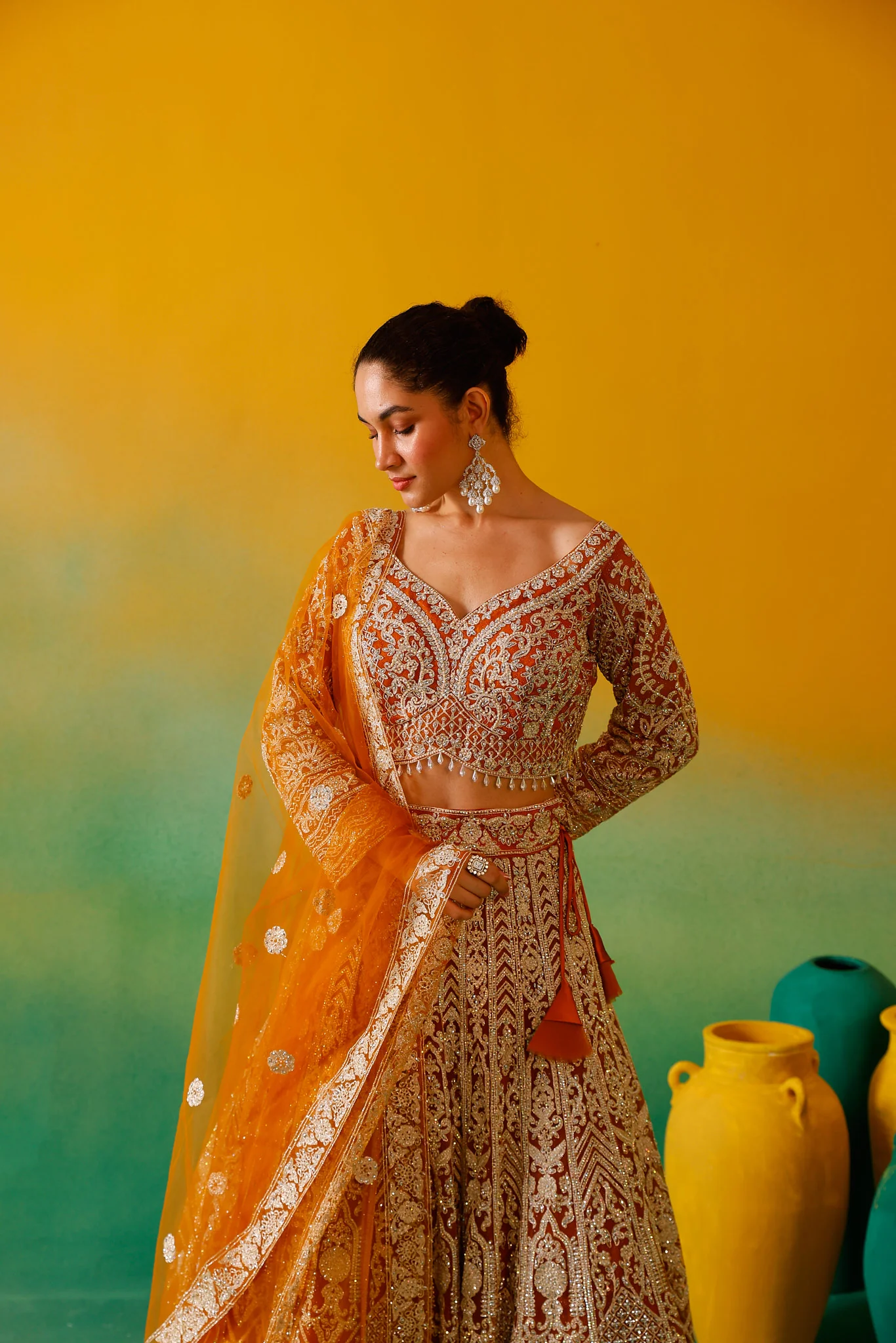 Neerus Mustard Embroidery work Nett Fabric Ghagra Set - Image 12