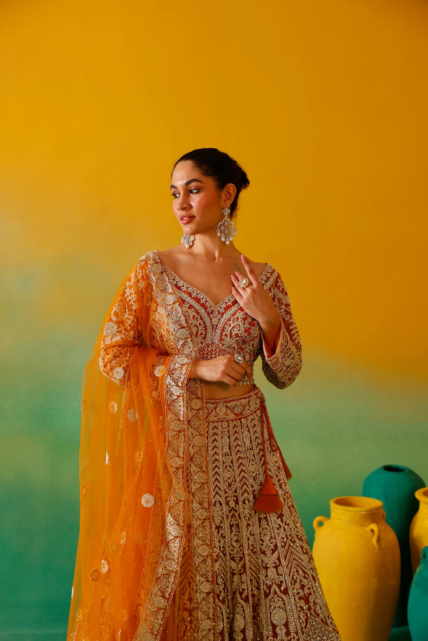 Neerus Mustard Embroidery work Nett Fabric Ghagra Set - Image 13