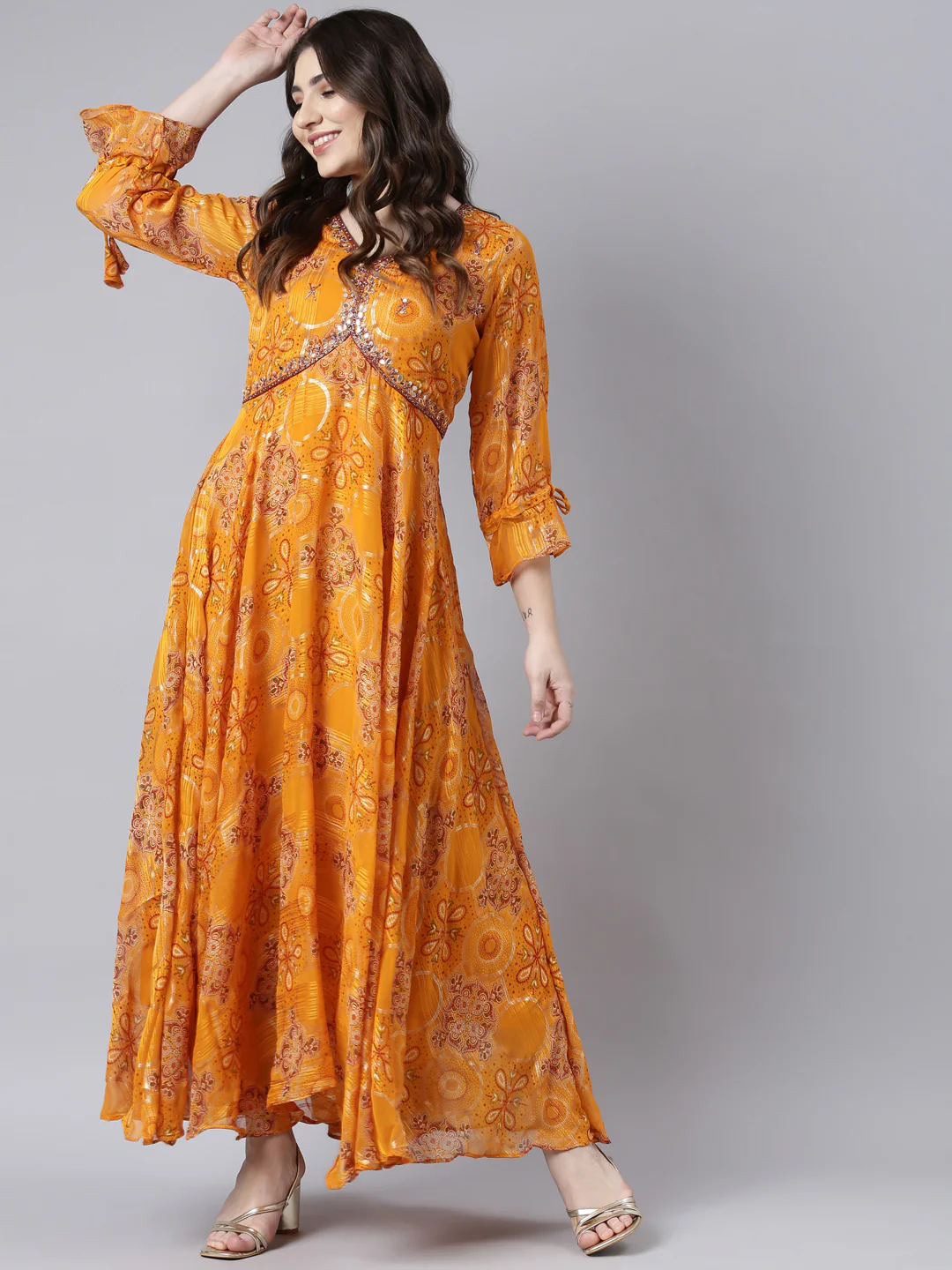 Neerus Mustard Flared Casual Floral Fit and Flare Dresses - Image 5
