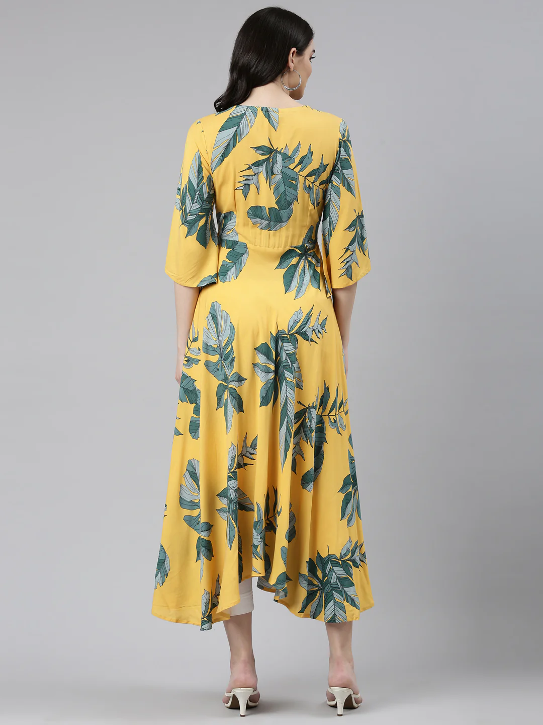 Neerus Mustard High-Low Casual Printed Dress - Image 3