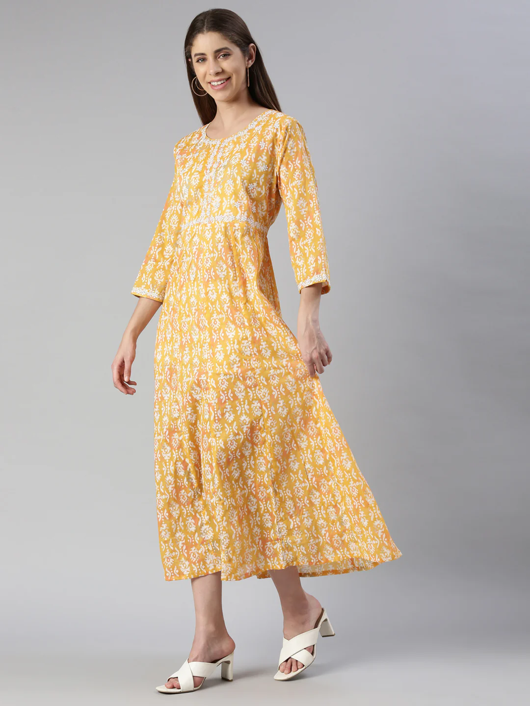 Neerus Mustard Maxi Casual Printed Dresses - Image 2