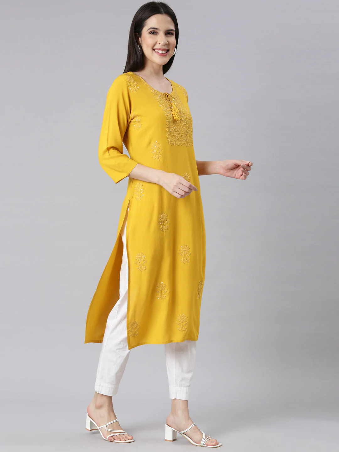 Neerus Mustard Panelled Straight Embellished Kurta - Image 2