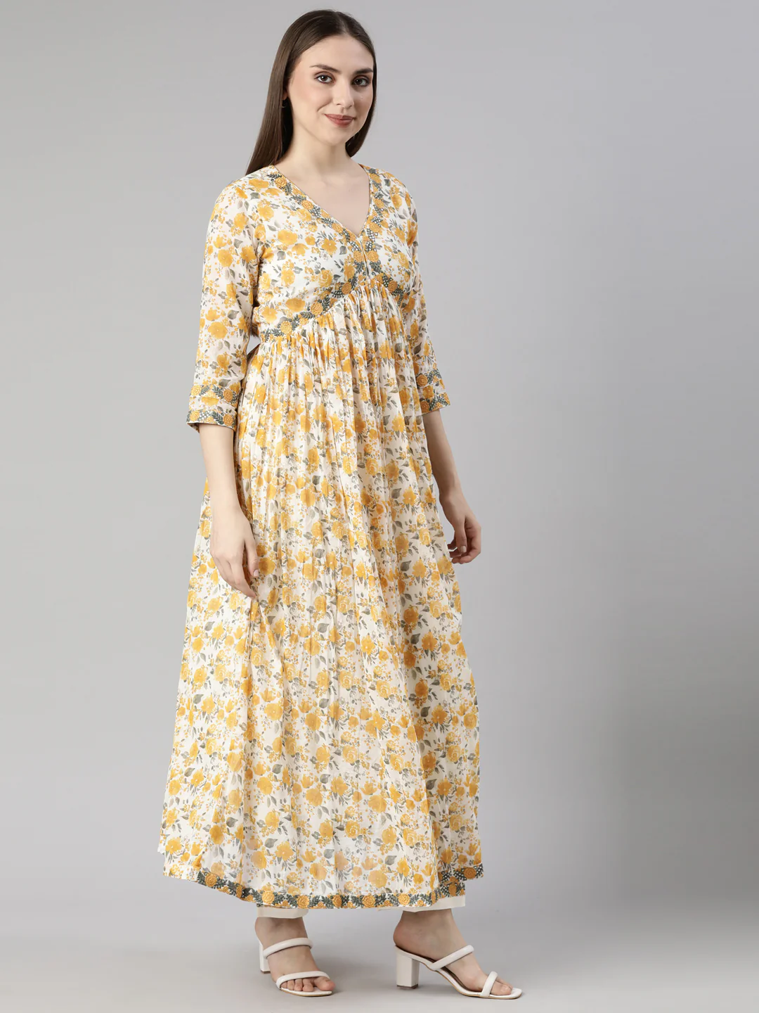 Neerus Mustard Pleated Flared Floral Kurta And  Trousers With Dupatta - Image 2