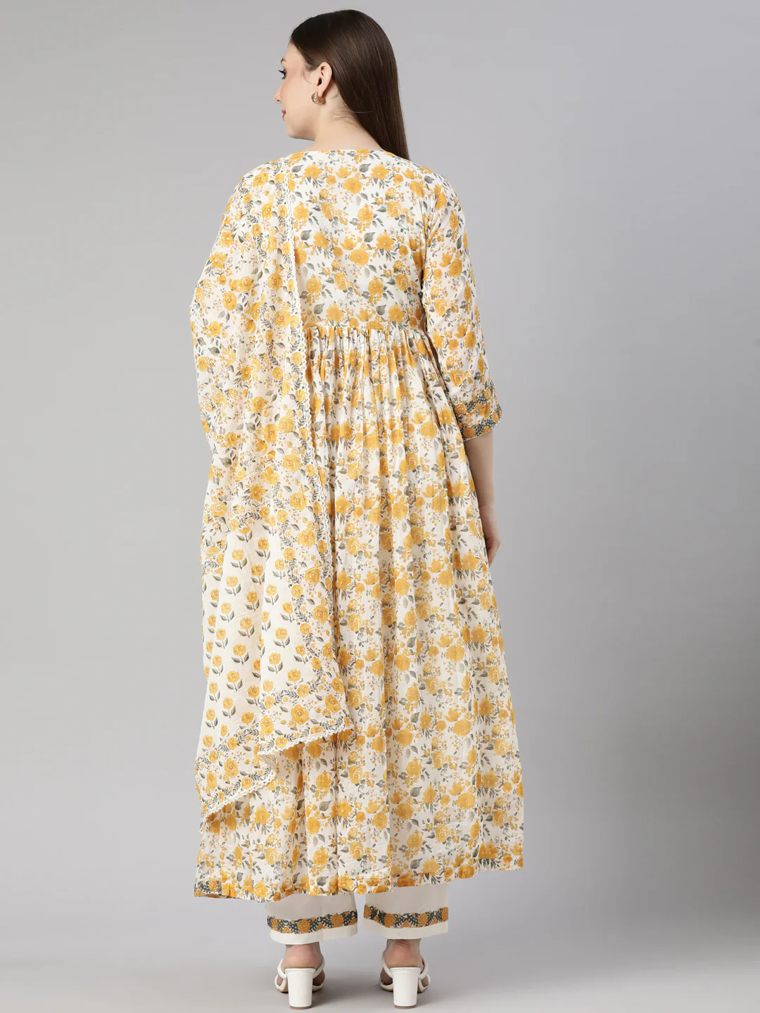 Neerus Mustard Pleated Flared Floral Kurta And  Trousers With Dupatta - Image 3