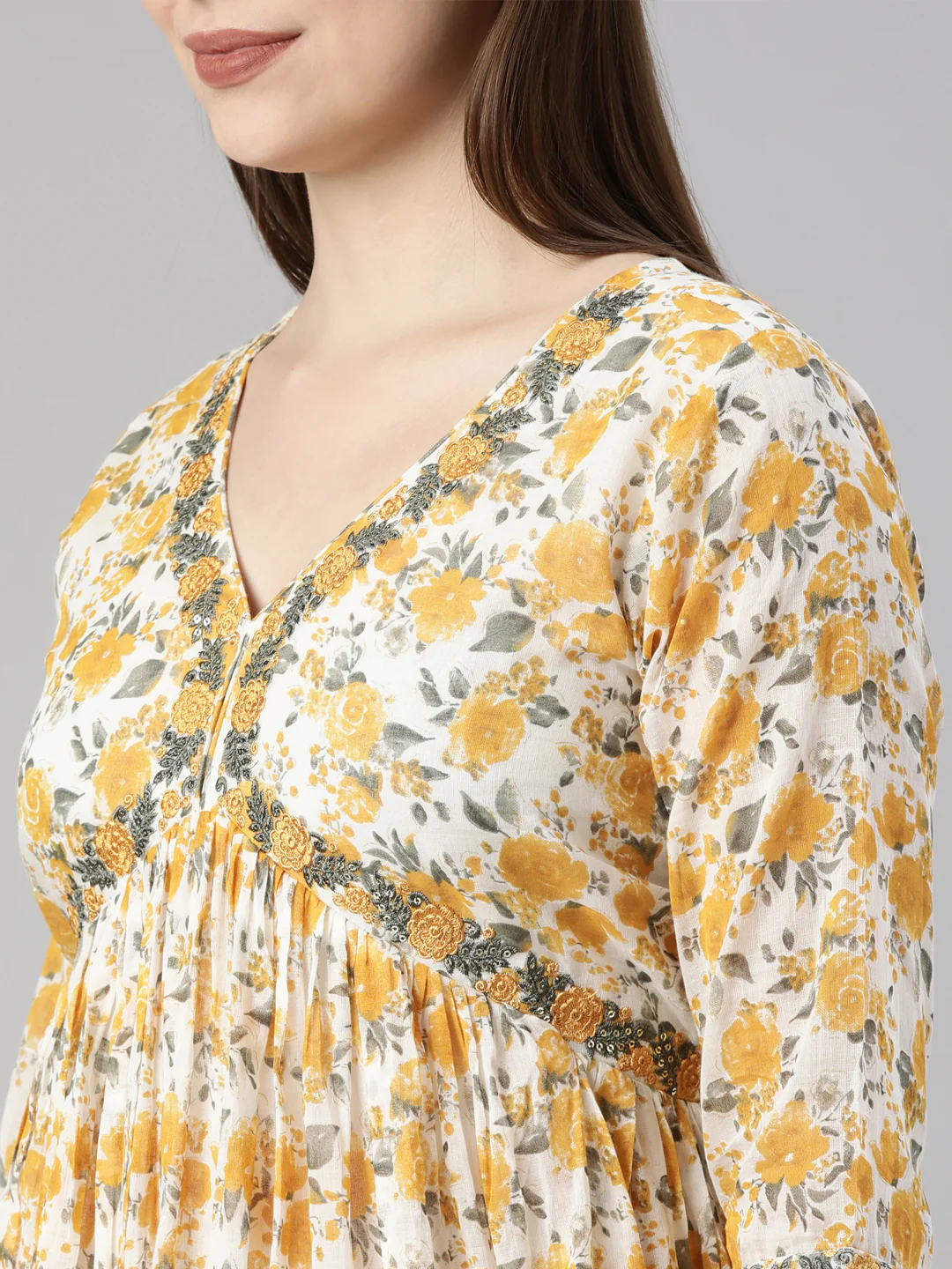 Neerus Mustard Pleated Flared Floral Kurta And  Trousers With Dupatta - Image 4