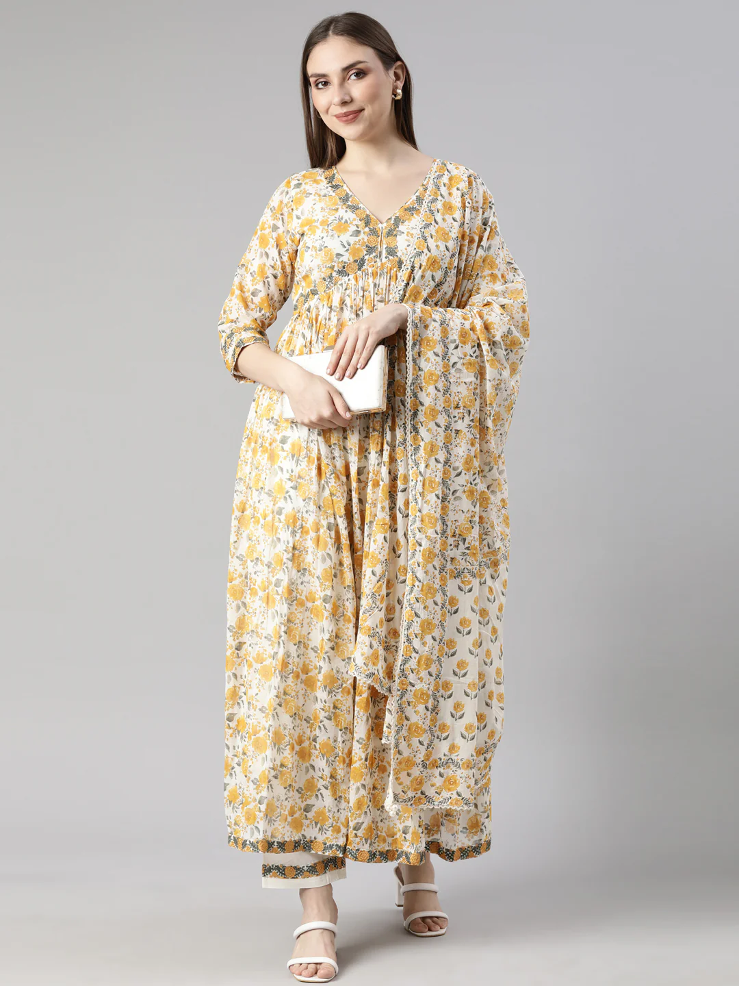 Neerus Mustard Pleated Flared Floral Kurta And  Trousers With Dupatta - Image 5