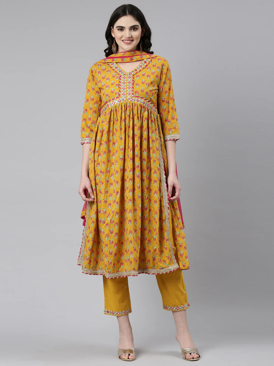 Neerus Mustard Pleated Straight Printed Readymade suits