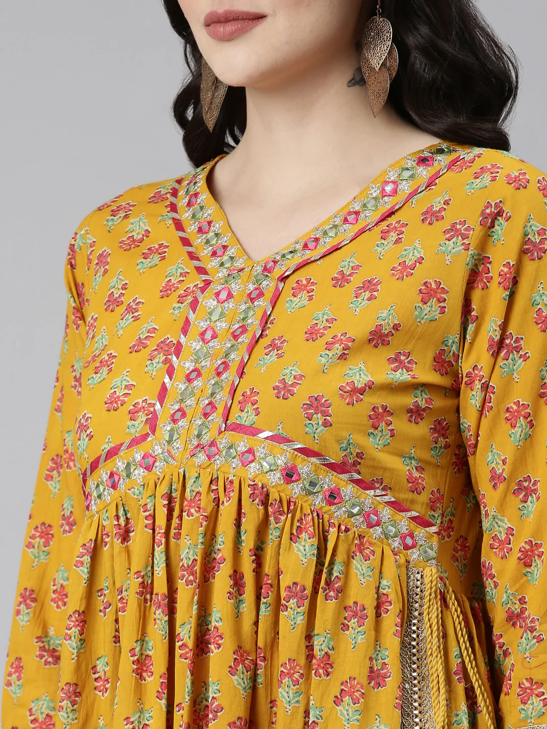 Neerus Mustard Pleated Straight Printed Readymade suits - Image 4