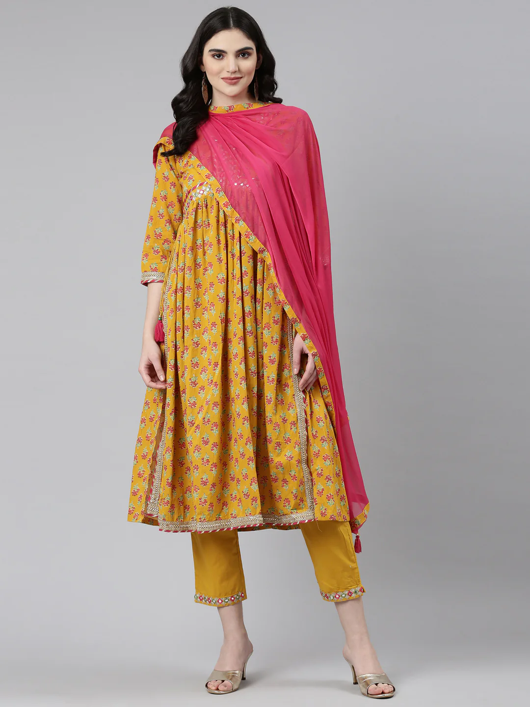 Neerus Mustard Pleated Straight Printed Readymade suits - Image 5