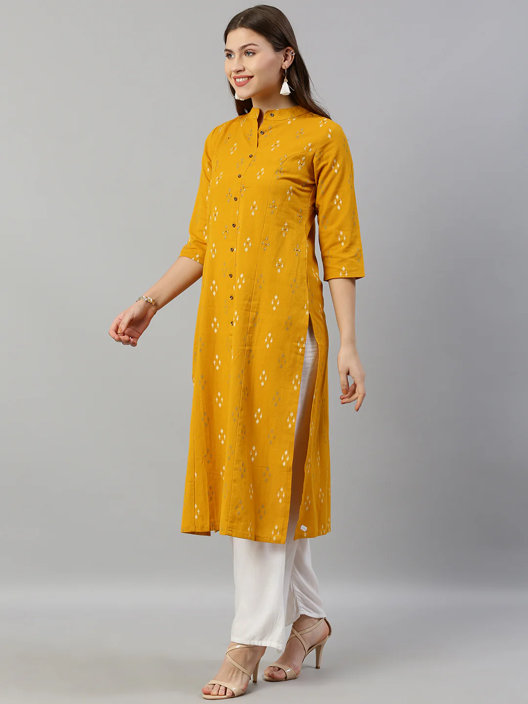Neerus Mustard Printed A Line Kurta - Image 3