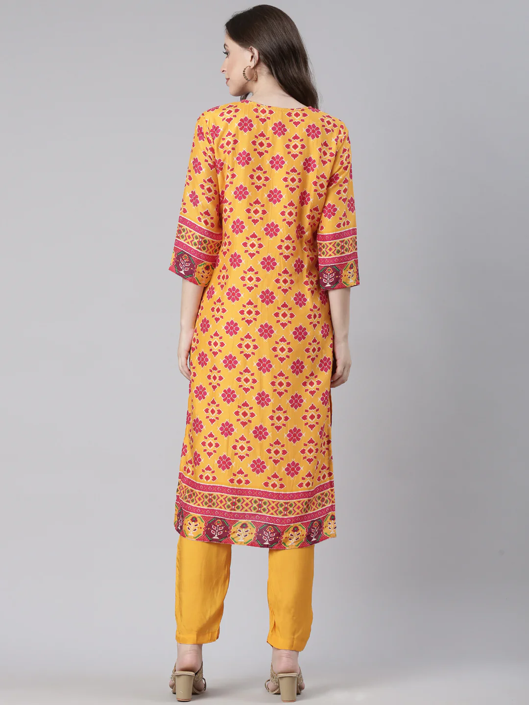 Neerus Mustard Printed Straight Kurta and Trousers - Image 3