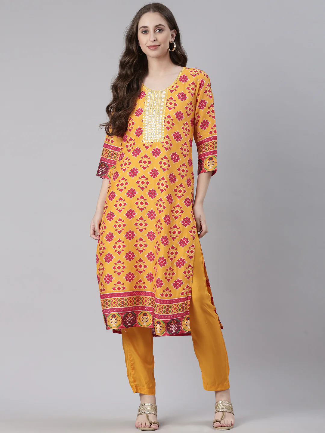 Neerus Mustard Printed Straight Kurta and Trousers - Image 5