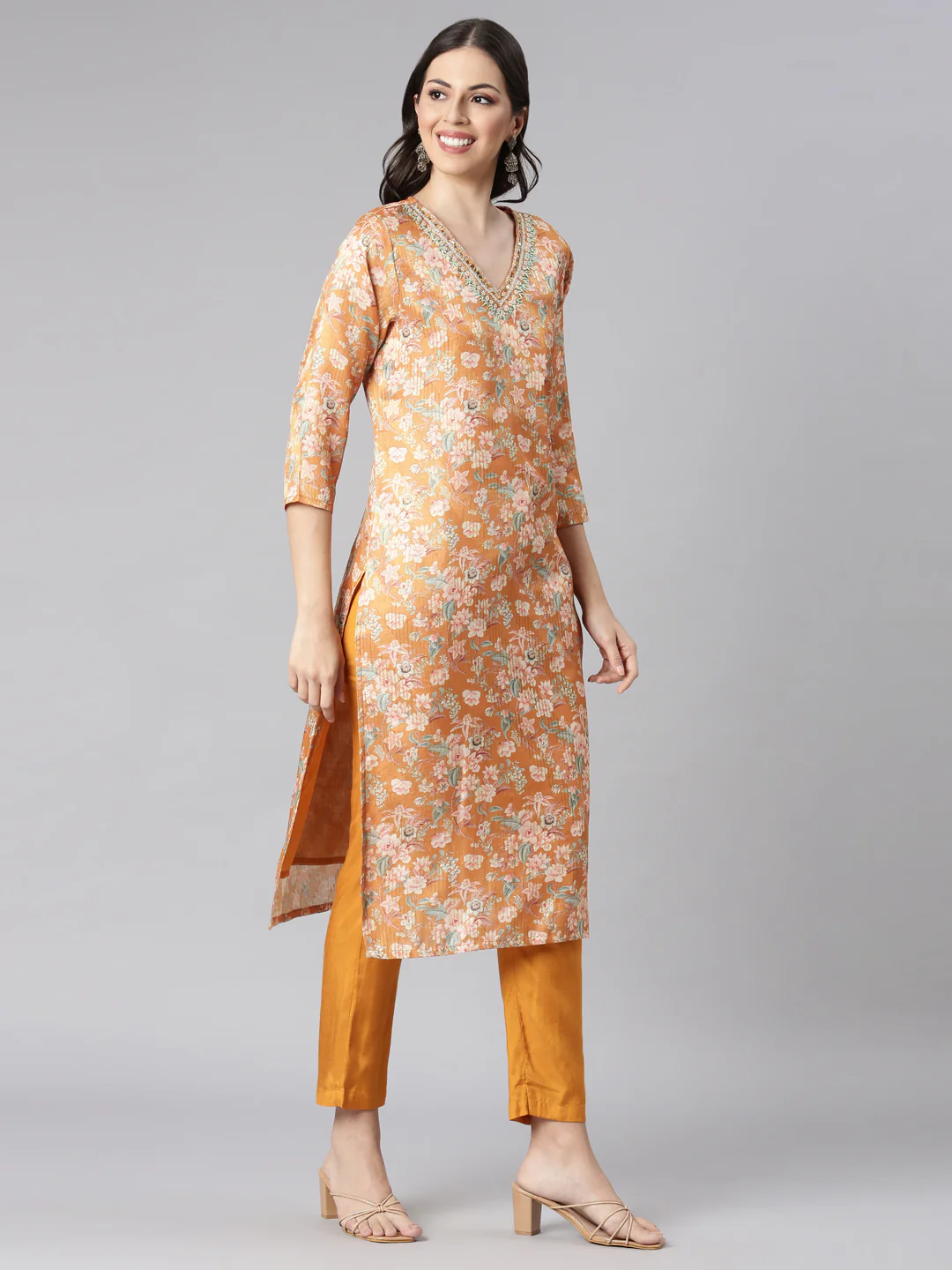 Neerus Mustard Printed Straight Kurta and Trousers With Dupatta - Image 2