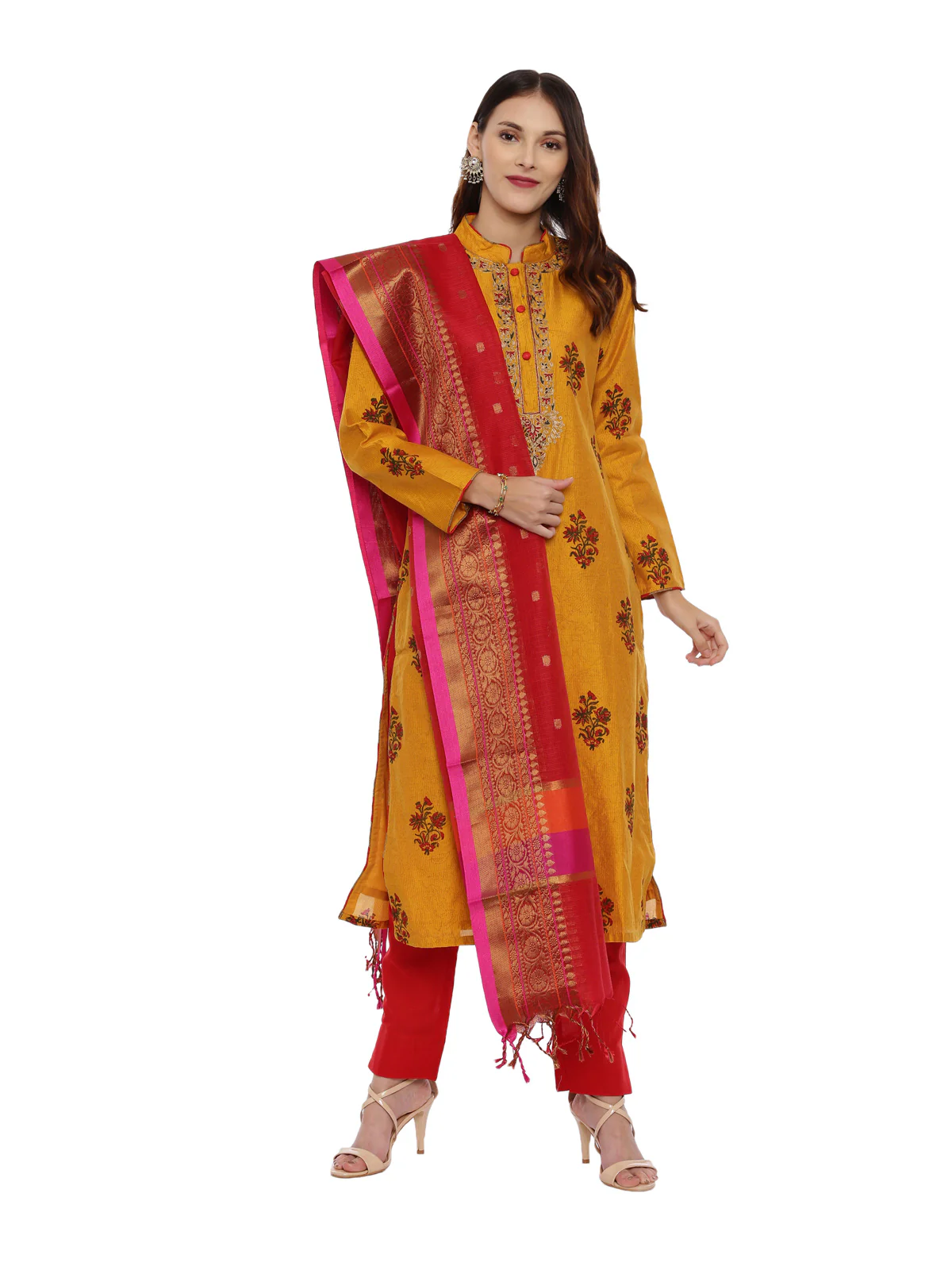Neerus Mustard & Red Printed Kurta With Pant & Dupatta