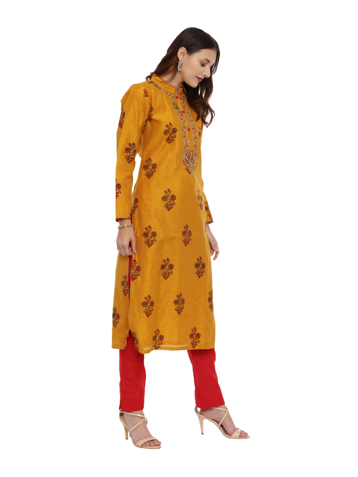Neerus Mustard & Red Printed Kurta With Pant & Dupatta - Image 3