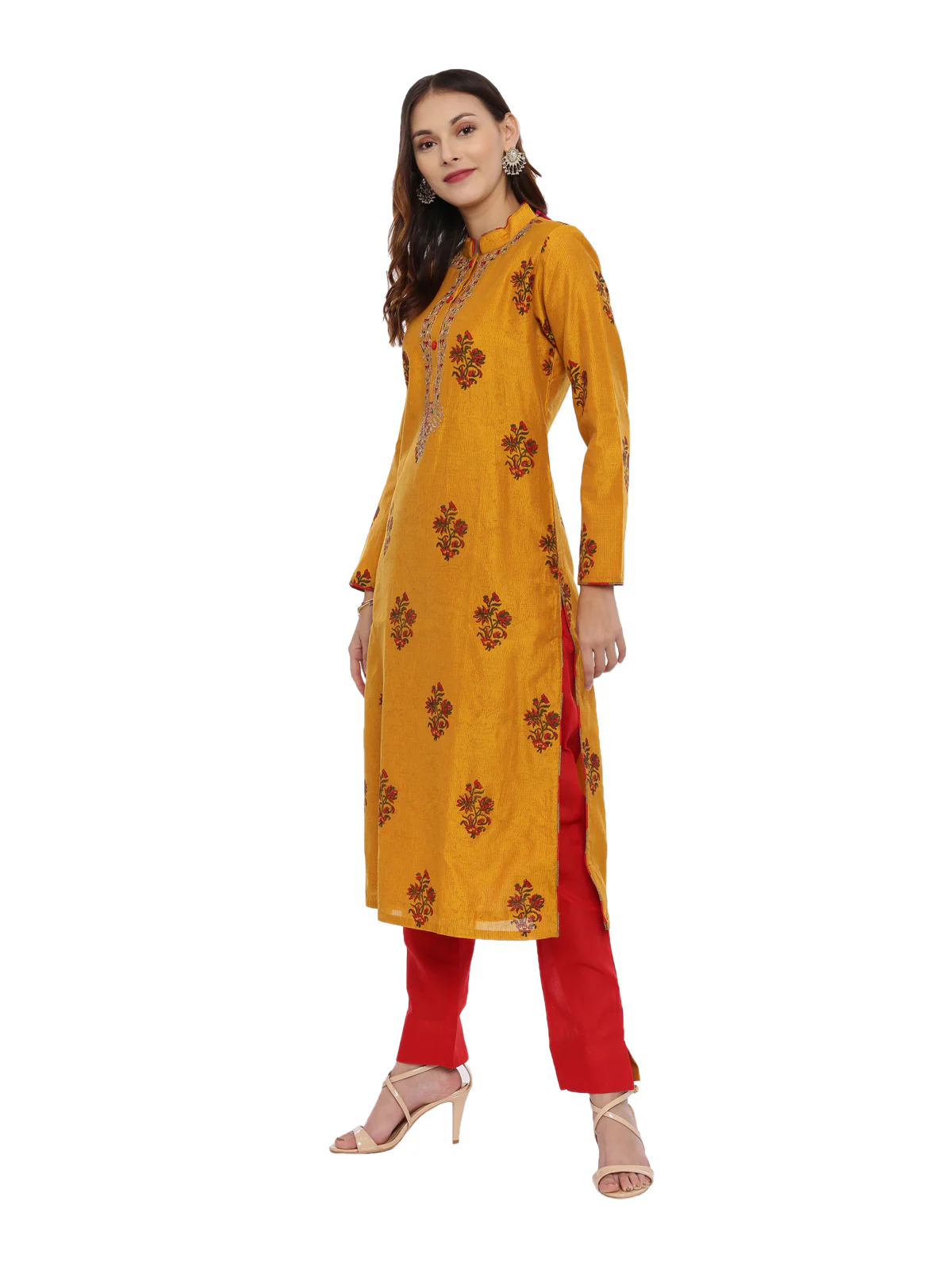 Neerus Mustard & Red Printed Kurta With Pant & Dupatta - Image 5