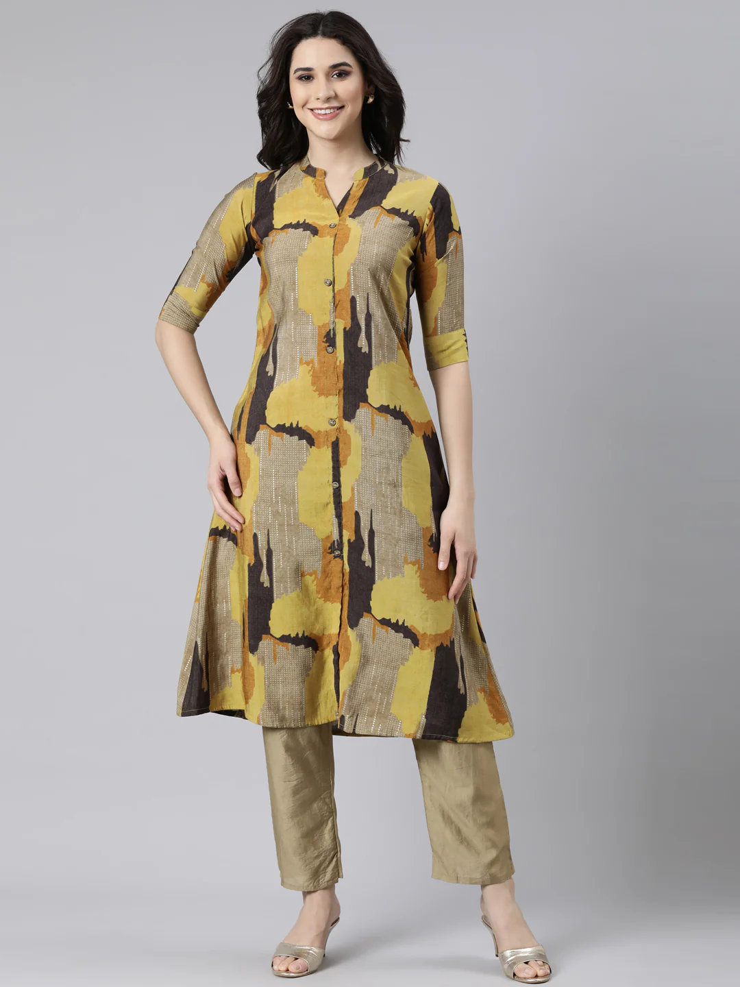 Neerus Mustard Regular Anarkali Colourblocked Kurta